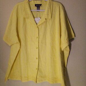 Denim & Co Shirt Women 3X Button Up Short Sleeve Embroidery Trim Yellow
